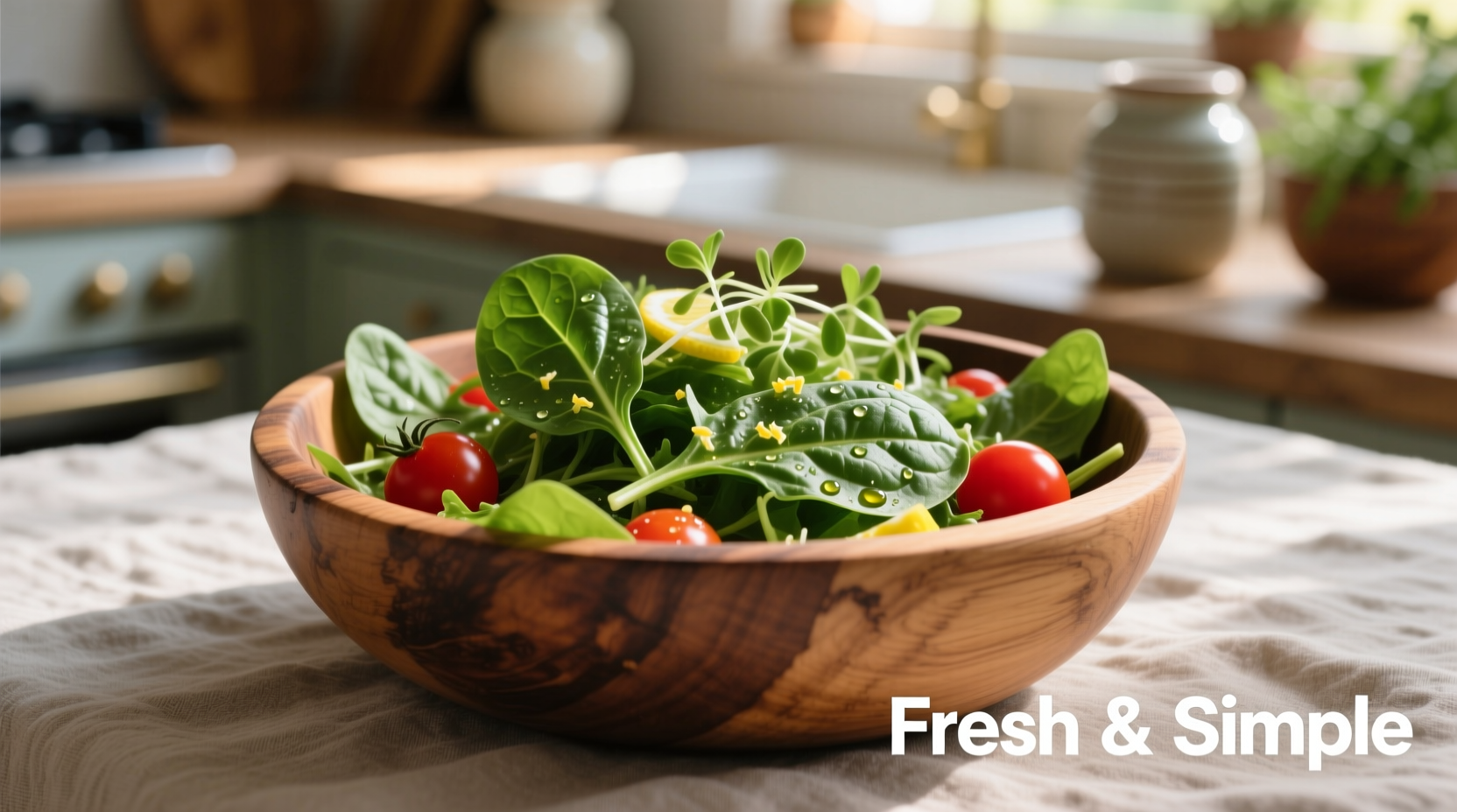 Fresh spinach and arugula salad in wooden bowl