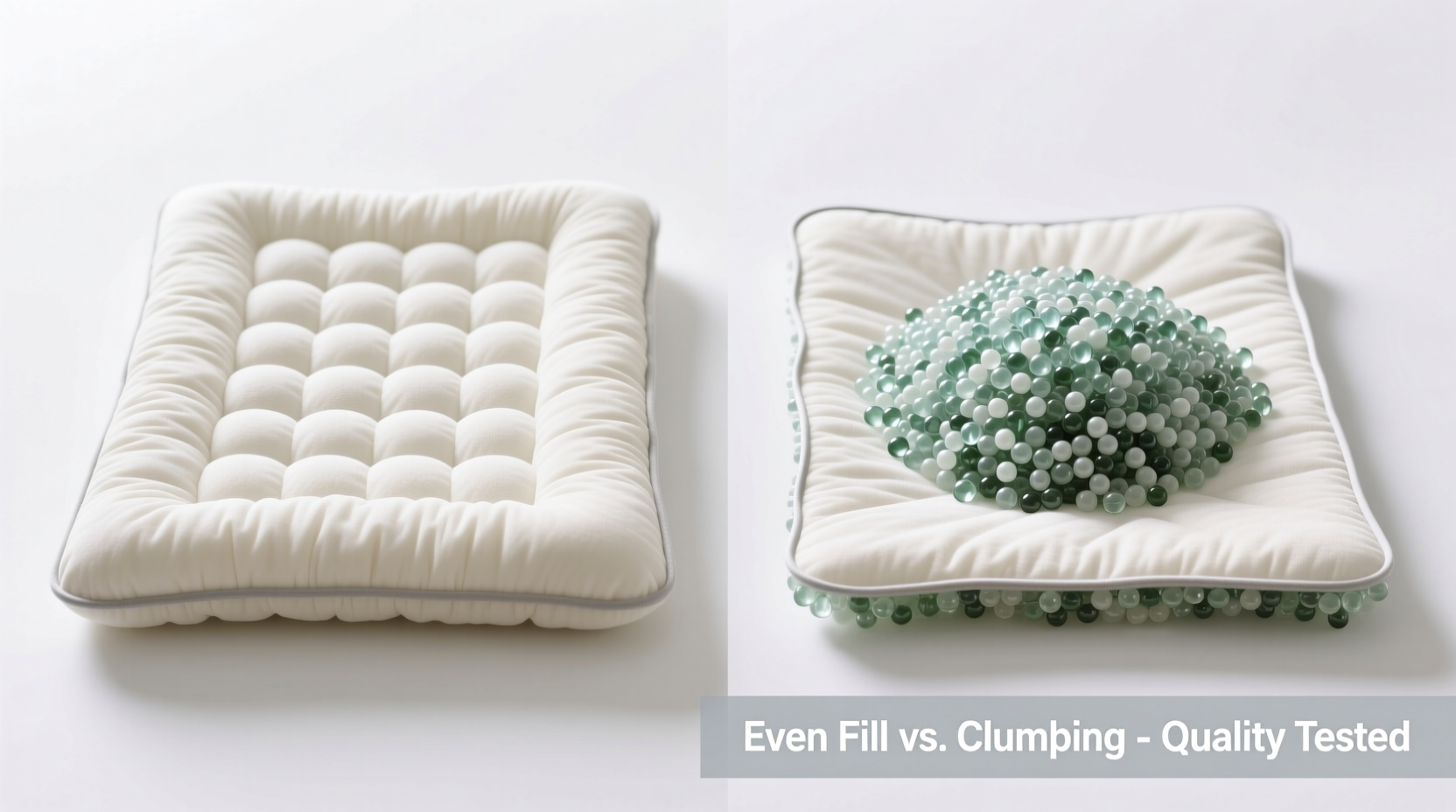 Side-by-side comparison: properly fluffed weighted lap pad showing even fill distribution versus clumped version with visible lumps and thinning at edges