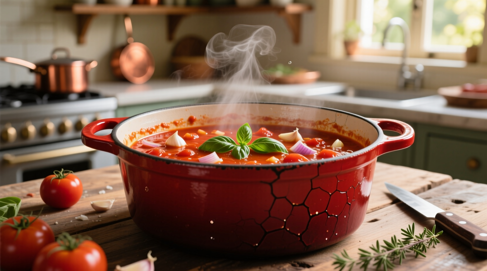 Staub tomato Dutch oven simmering rich tomato sauce