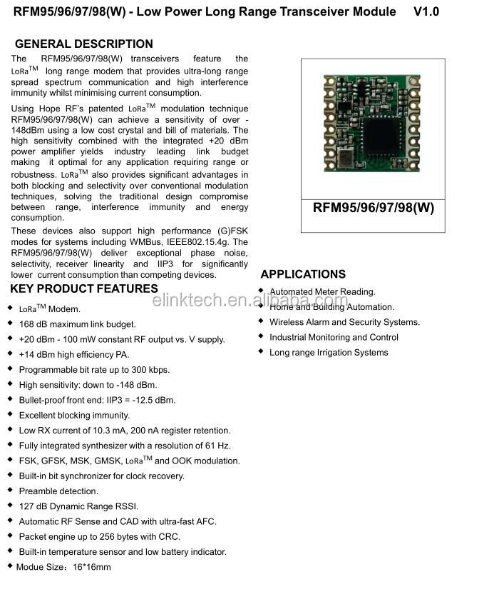RFM95 RFM95W RFM96W RFM98W LoRa Long-range wireless transceiver module sx1278 RFM96 433 868 915mhz