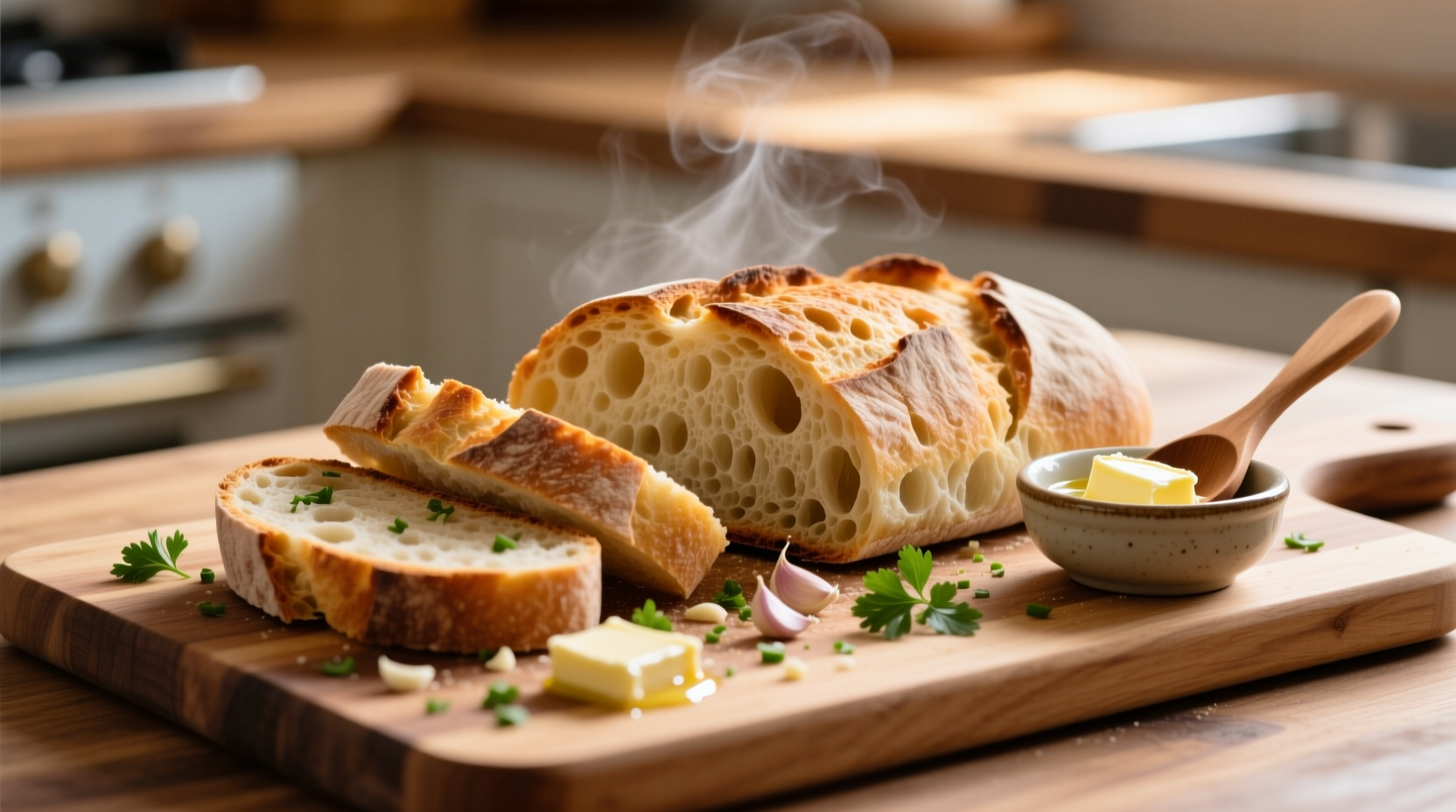 Ciabatta bread sliced for garlic bread preparation