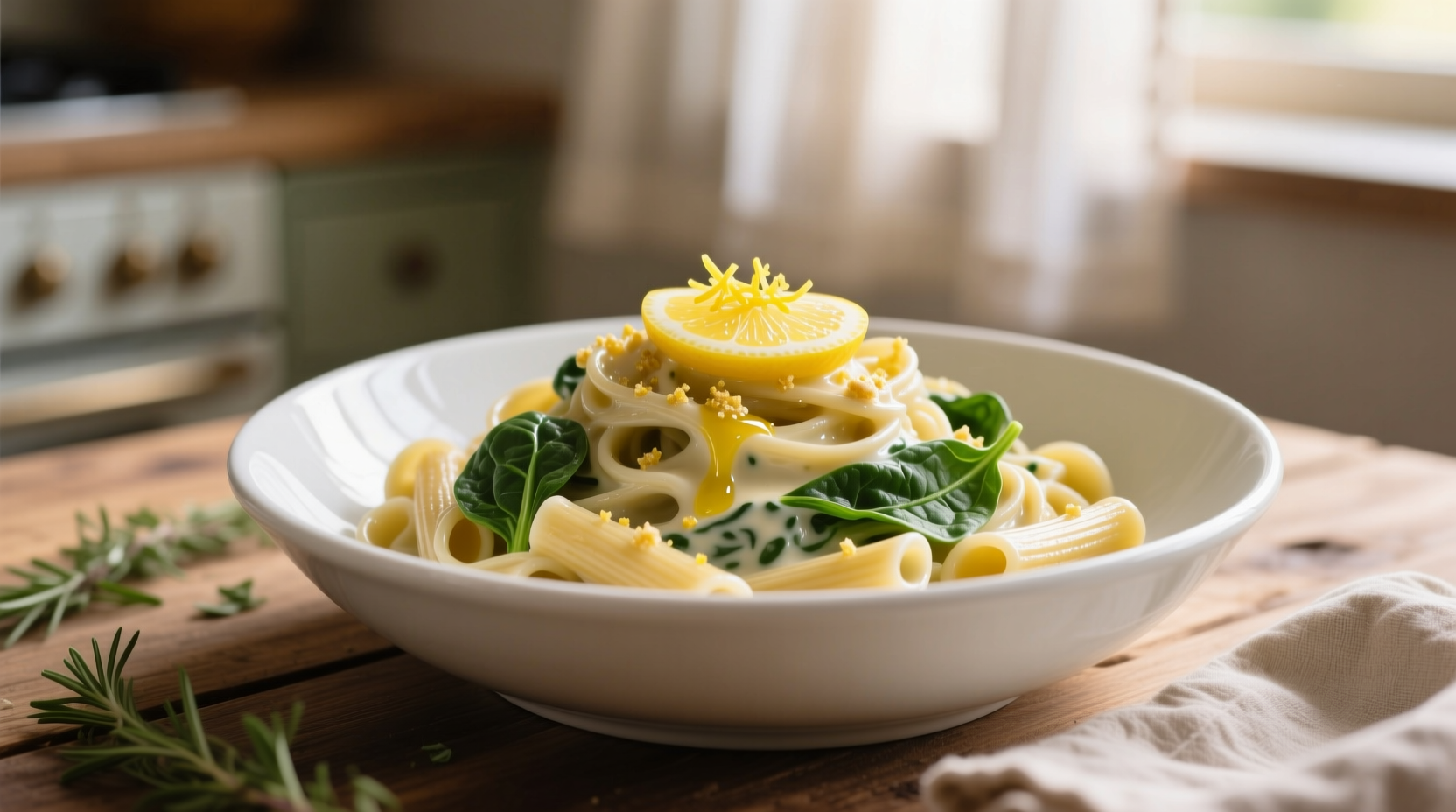 Creamy spinach pasta in white bowl with garlic and lemon