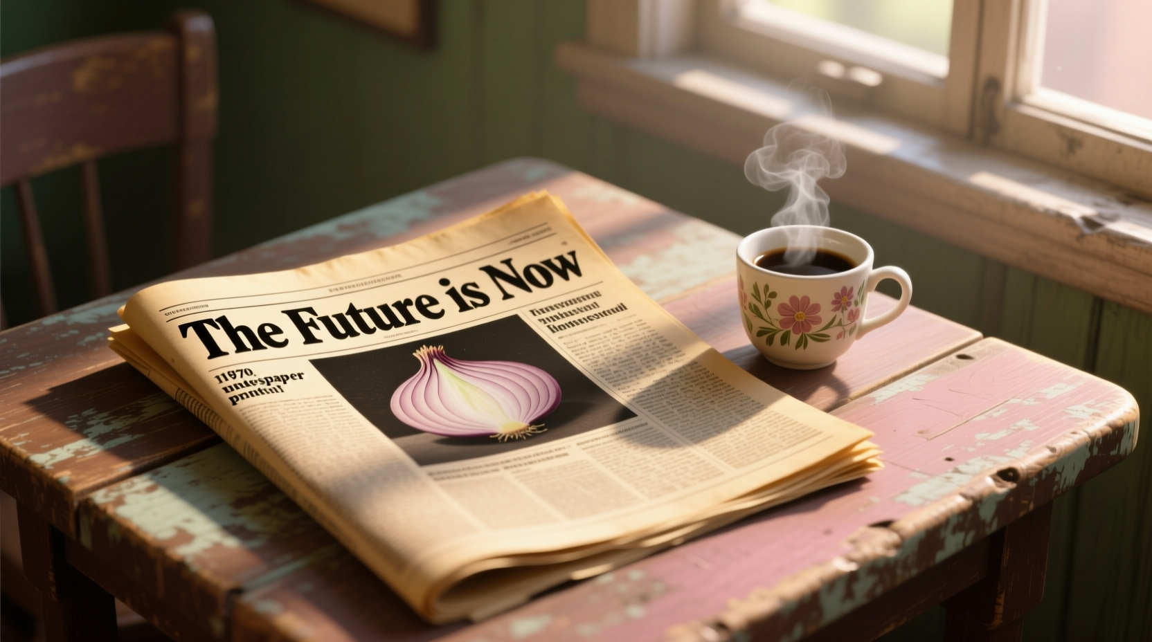 Vintage Onion newspaper print edition on wooden table