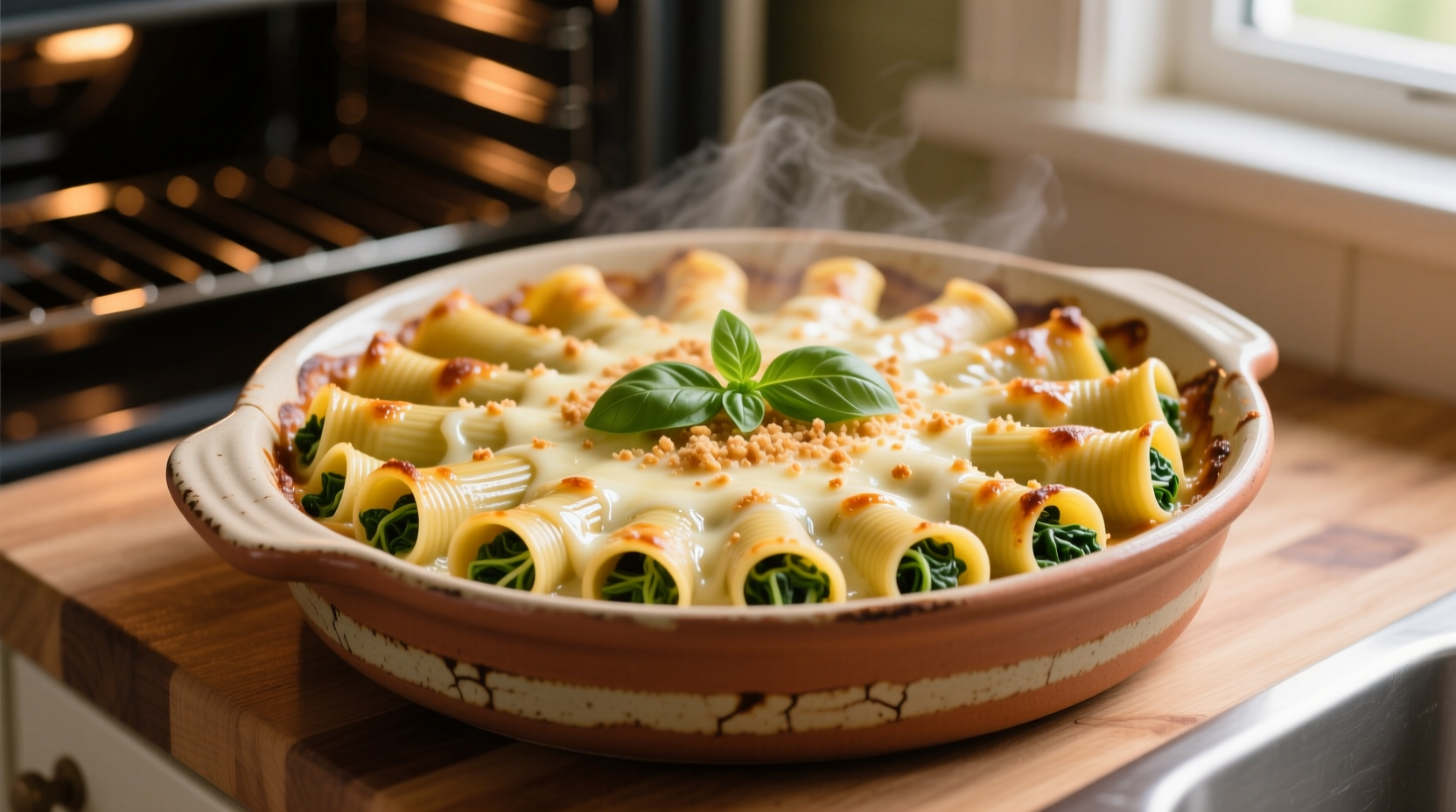 Homemade spinach manicotti baking in ceramic dish