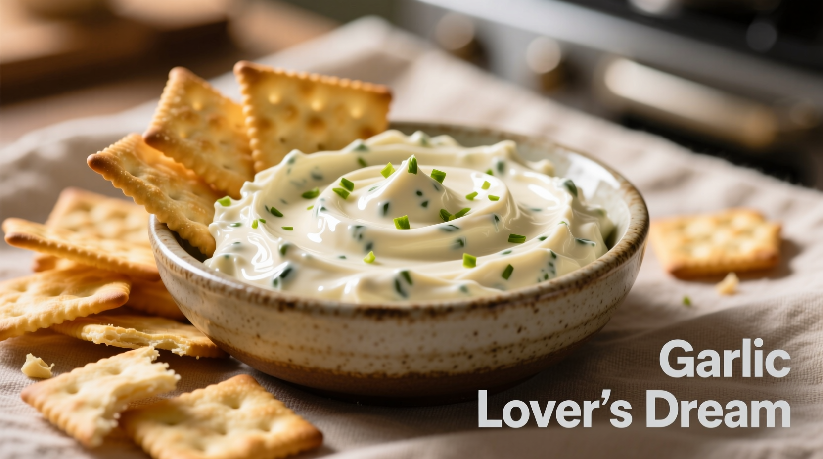 Creamy garlic cream cheese dip in bowl with crackers