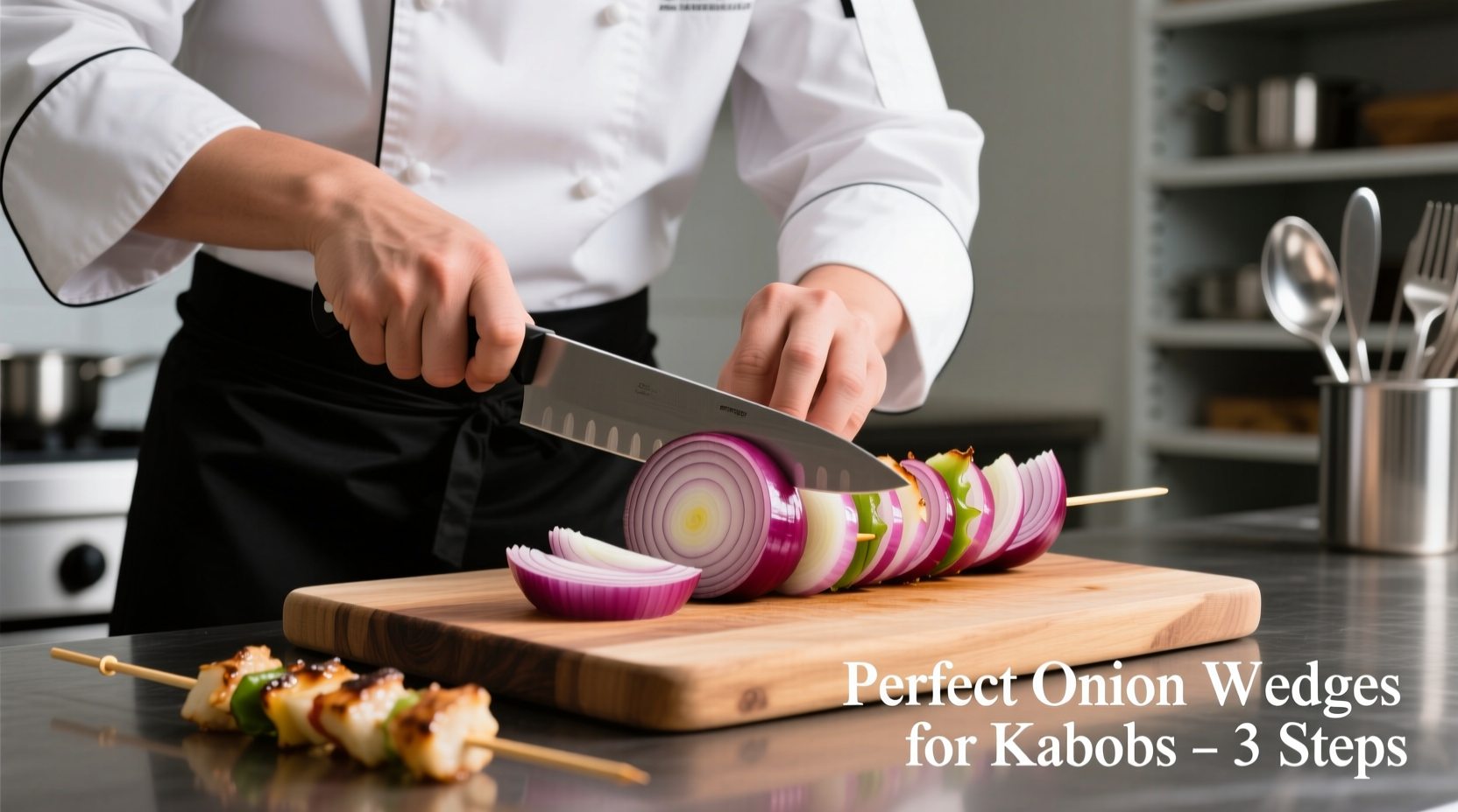 Chef demonstrating proper onion wedge cutting technique for kabobs