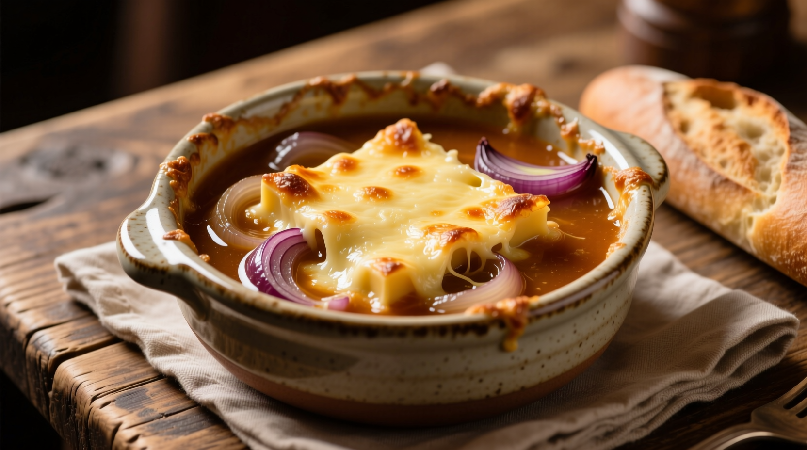Traditional French onion soup in a ceramic bowl with melted cheese topping