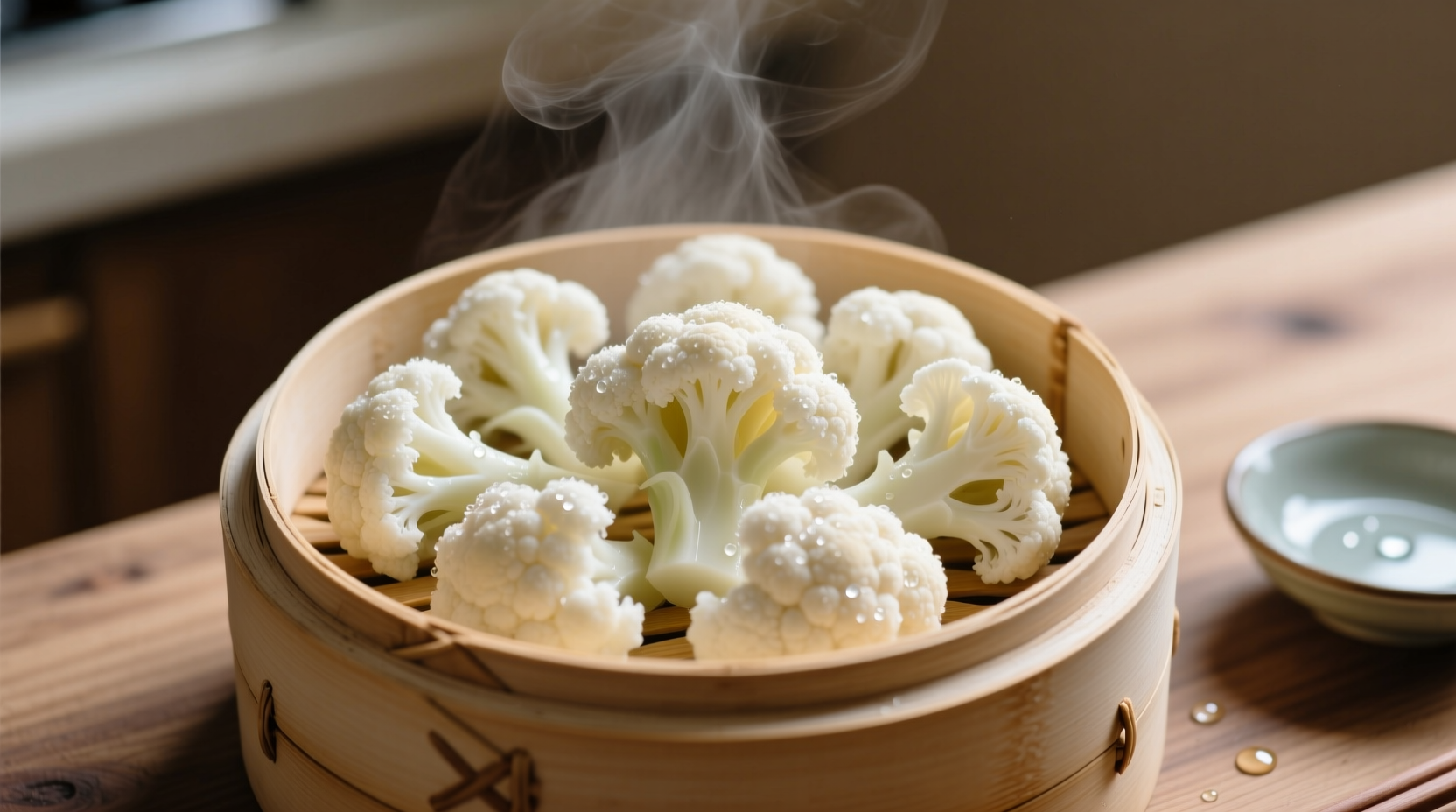Perfectly steamed cauliflower florets in steamer basket