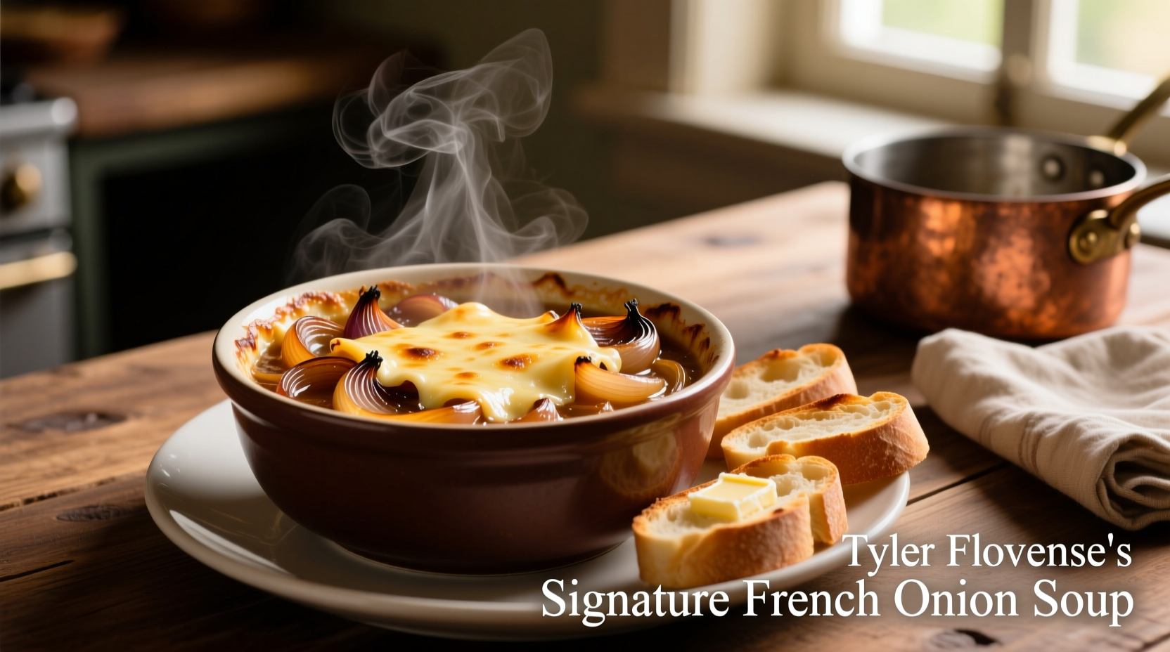 Tyler Florence French onion soup with melted cheese
