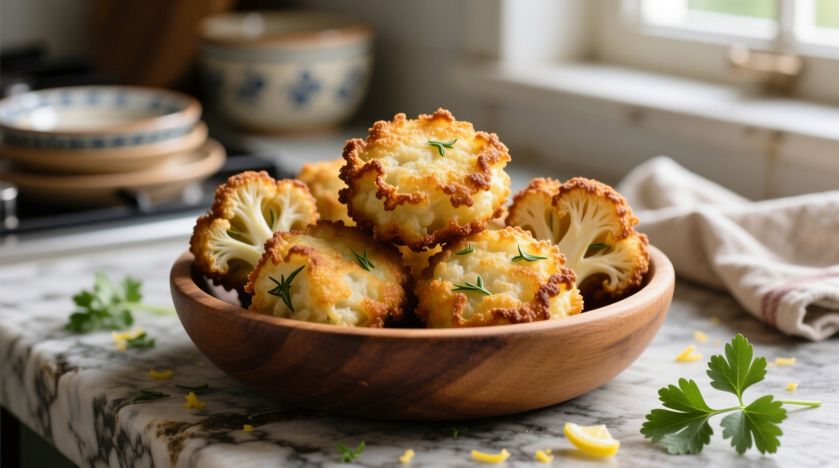 Golden brown cauliflower fritters with crispy edges