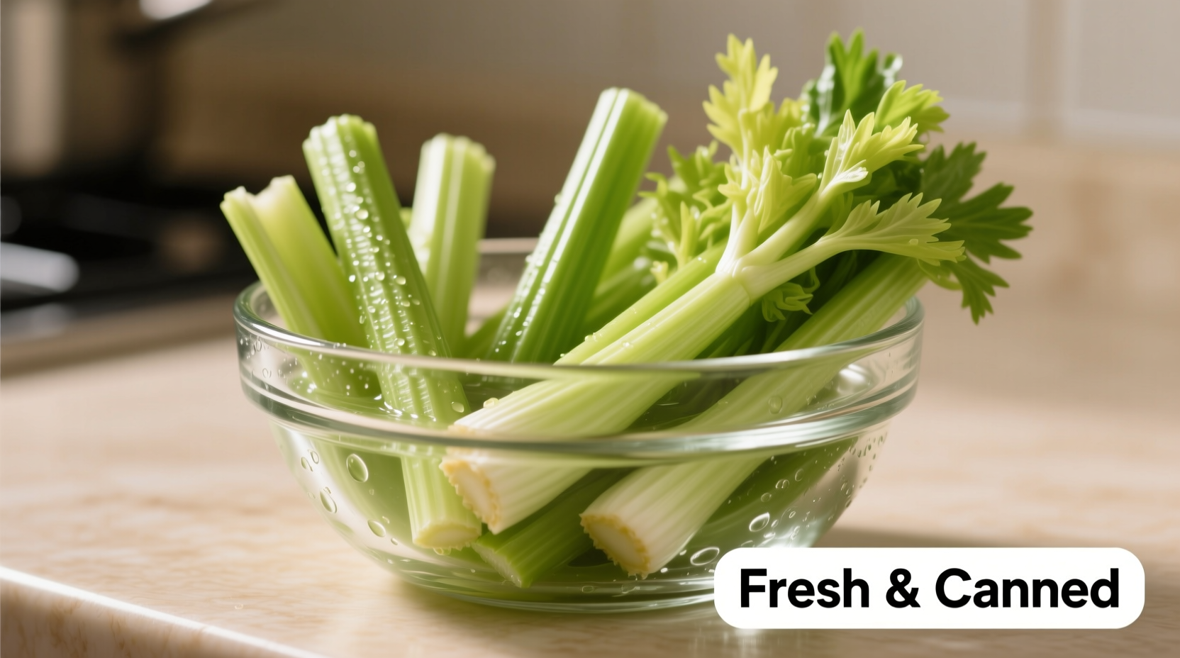 Canned celery in glass bowl with fresh stalks