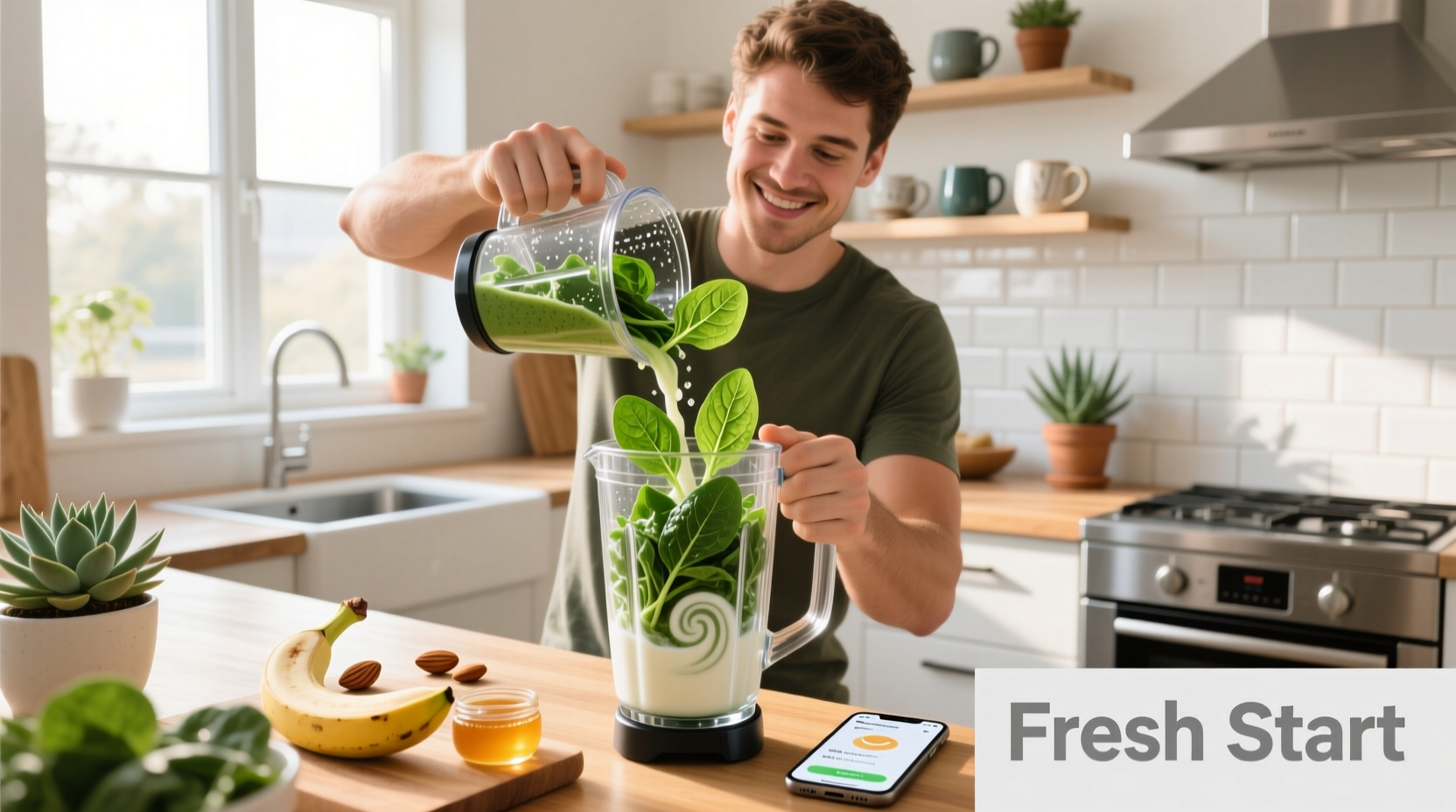 Man adding fresh spinach to morning smoothie