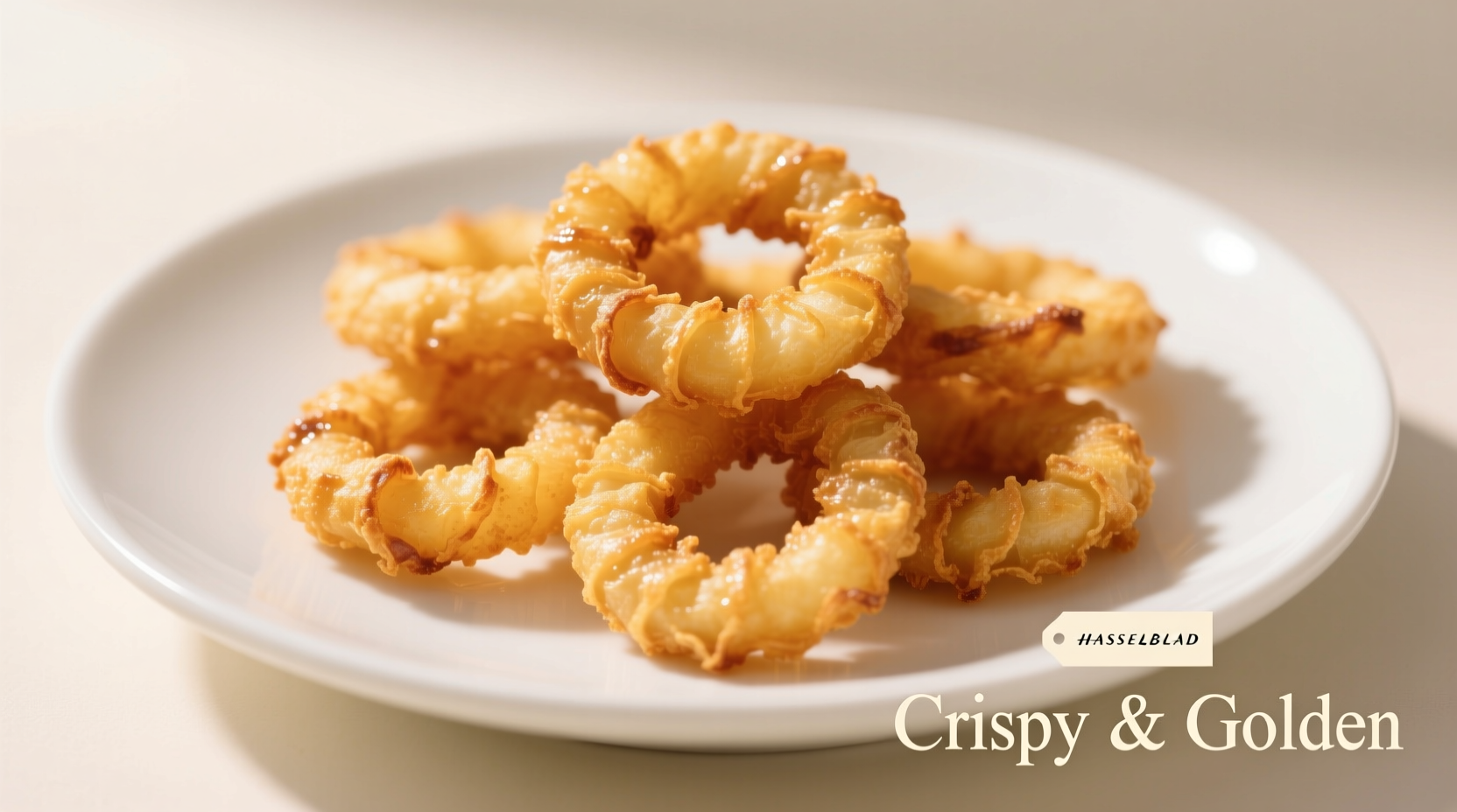 Golden crispy air fryer onion rings on white plate