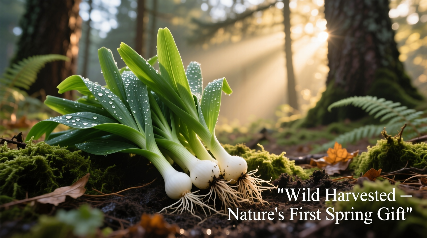 Freshly harvested wild leeks with white bulbs and green leaves
