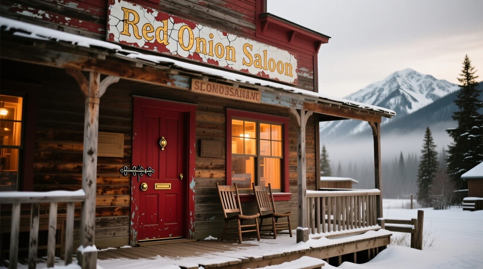 Historic Red Onion Saloon exterior with wooden facade and red door in Skagway