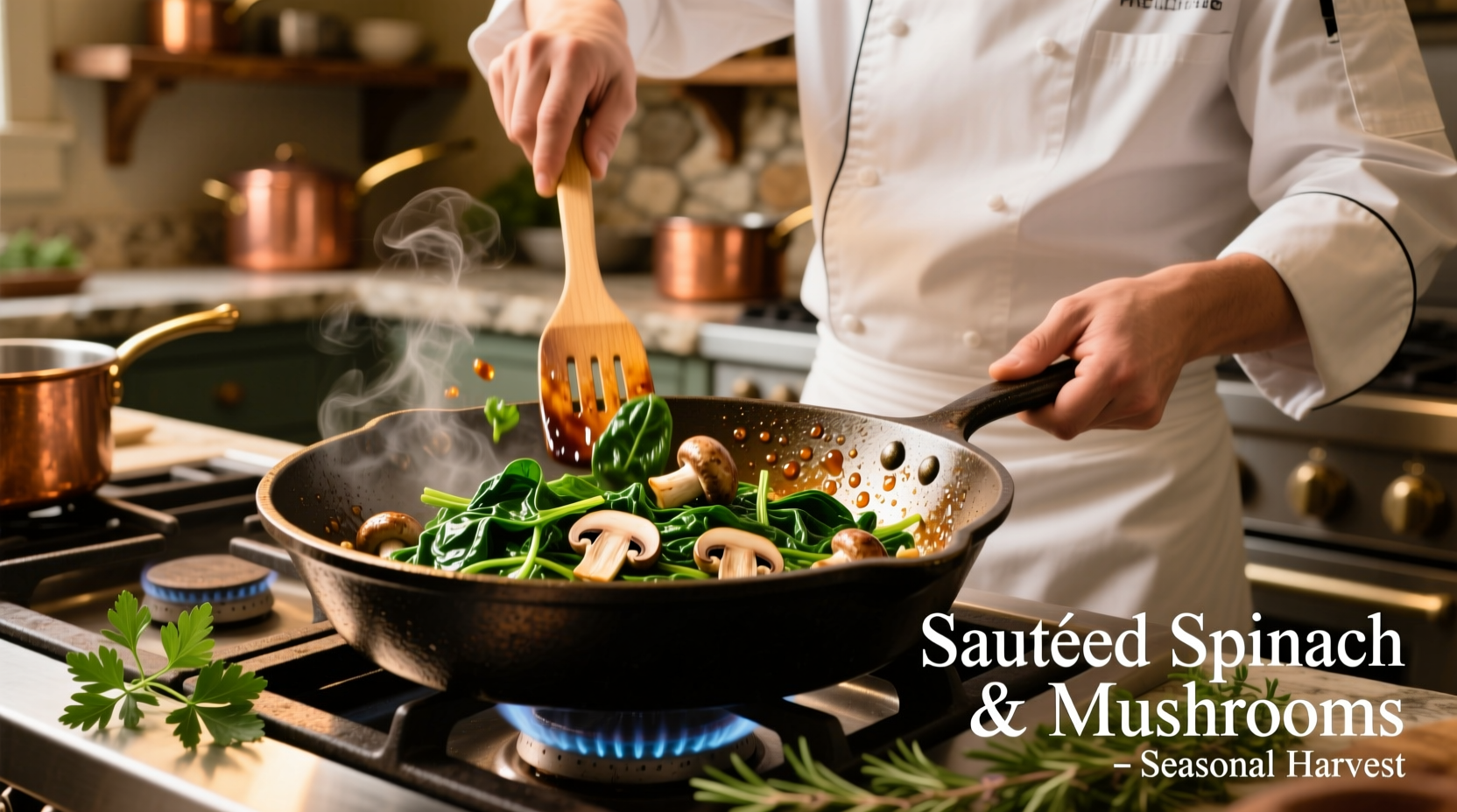Chef preparing sautéed spinach and mushrooms in cast iron skillet
