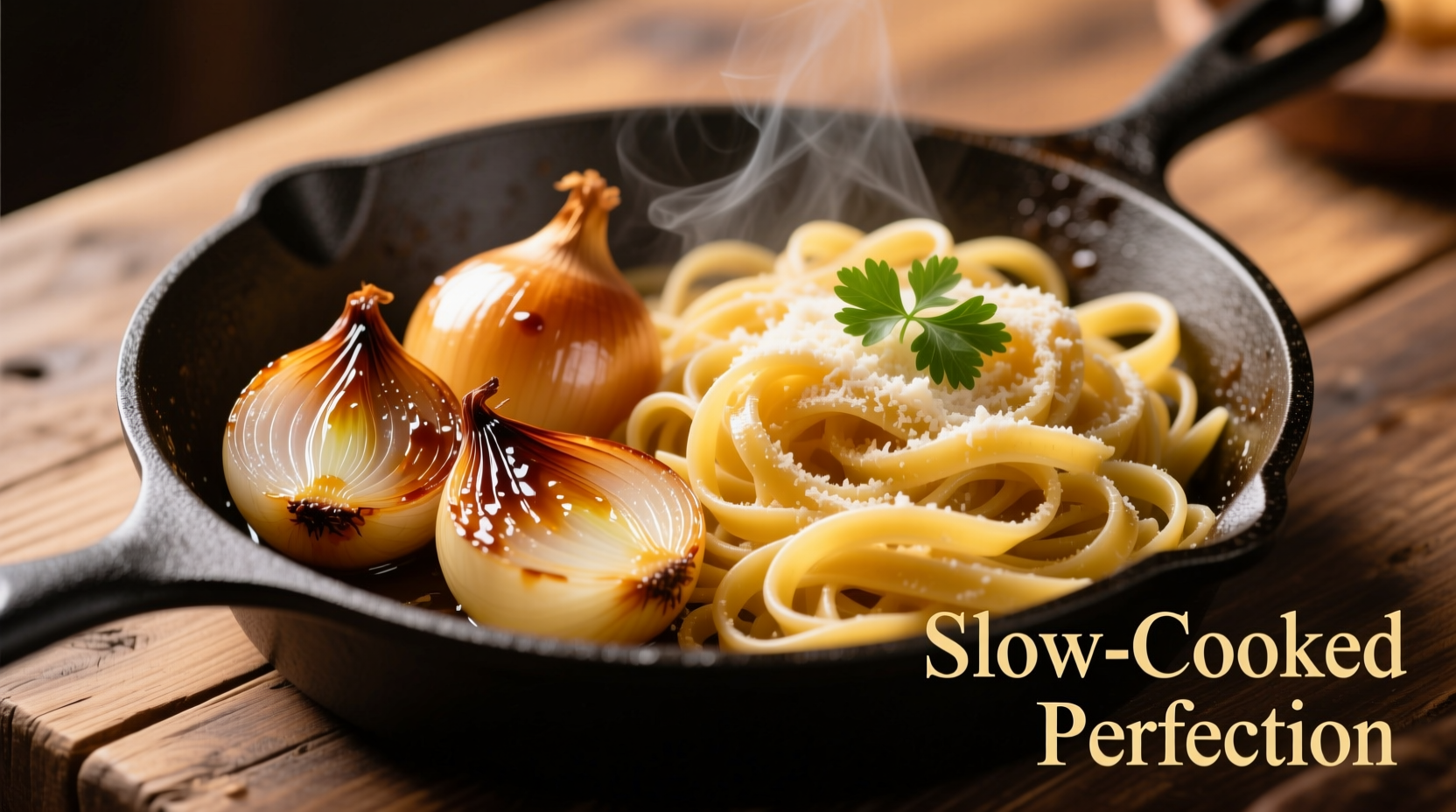 Golden caramelized onions in skillet with fresh pasta