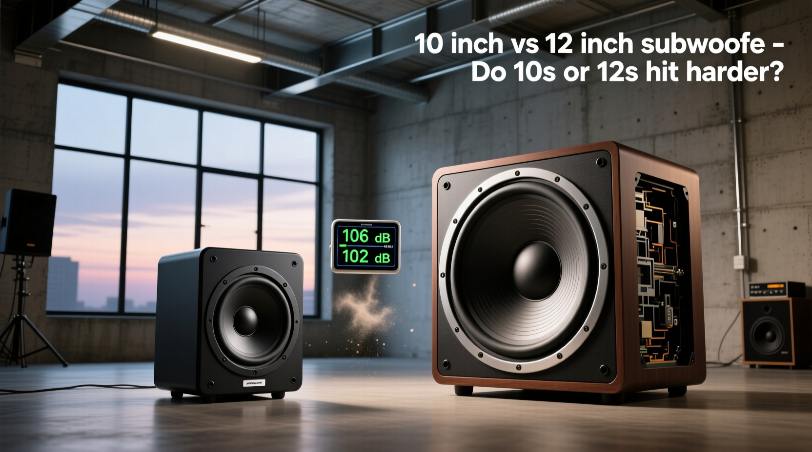 Visual comparison of 10 inch vs 12 inch subwoofer sizes