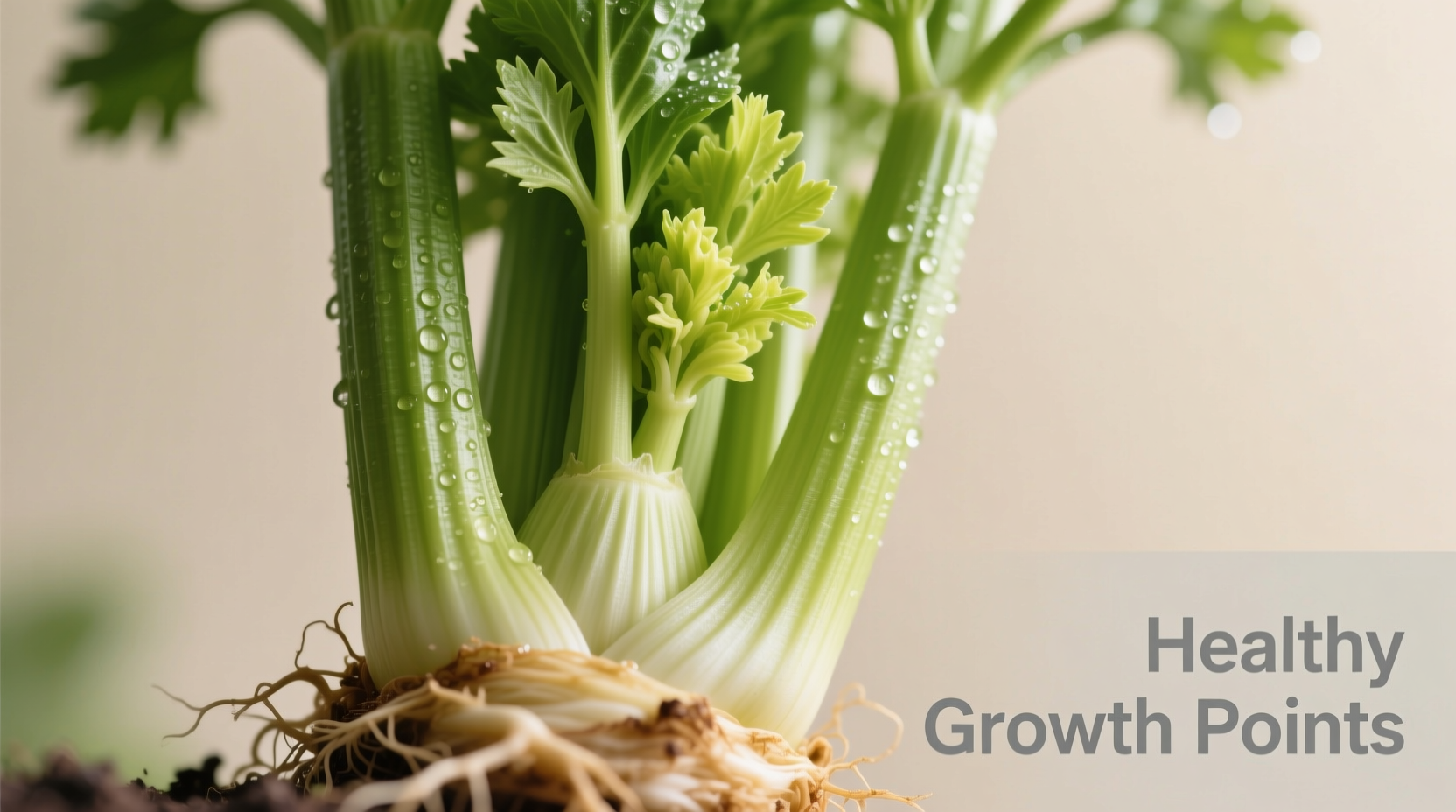 Close-up of celery base showing healthy growth points