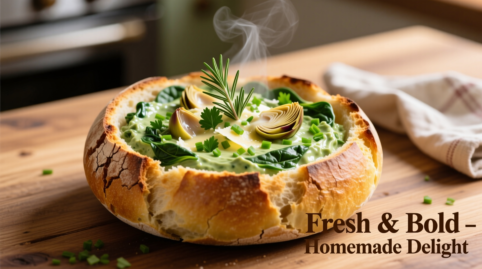 Golden spinach artichoke dip bread bowl with fresh herbs