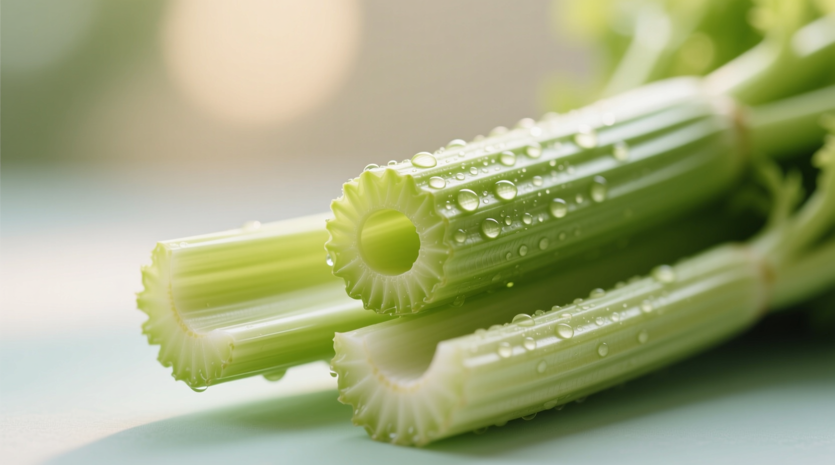 Close-up of fresh celery stalks with visible ribbing