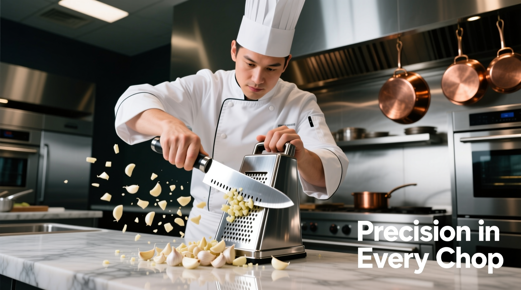 Professional chef using stainless steel garlic chopper