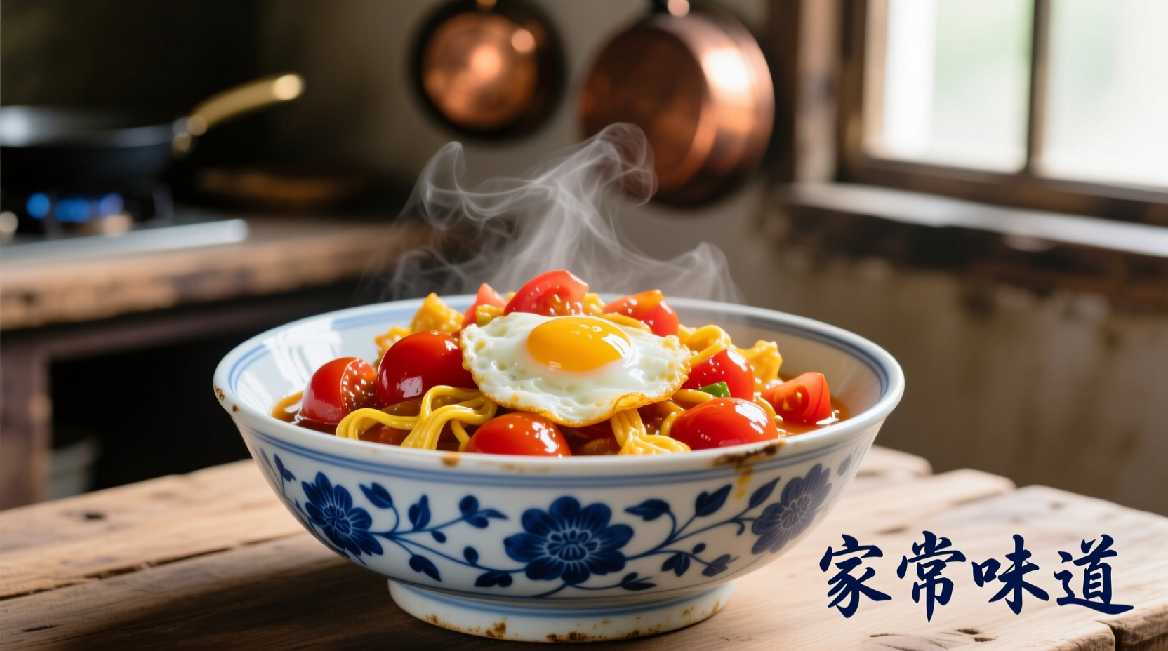 Perfect stir fried tomato egg in traditional blue porcelain bowl