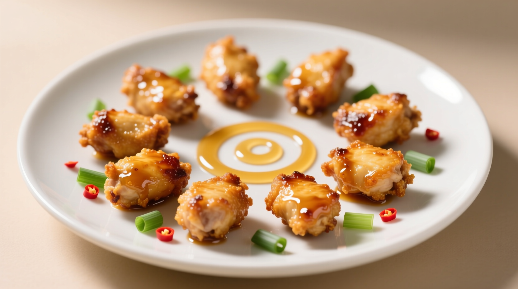 Crispy honey garlic chicken bites on white plate