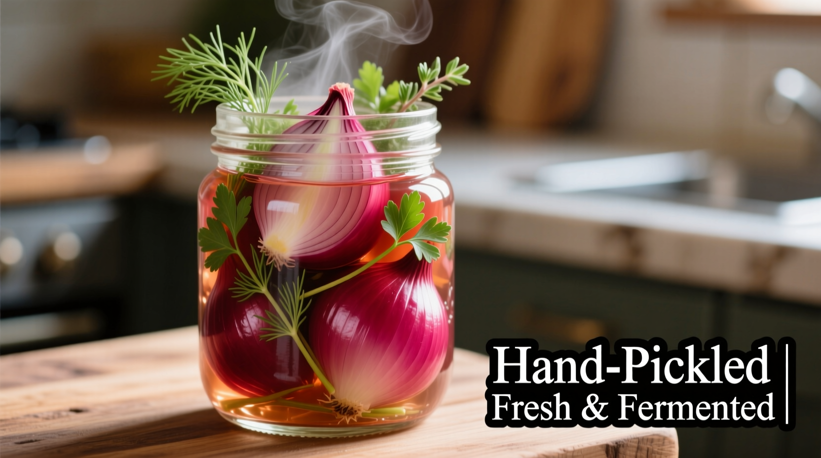 Vibrant pickled red onions in glass jar with fresh herbs
