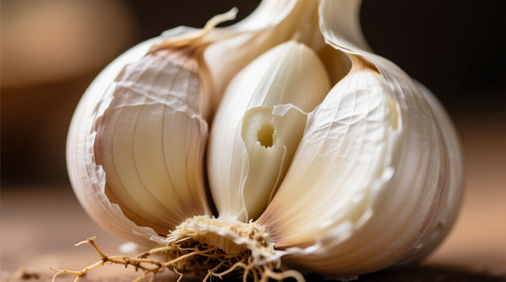 Close-up of garlic cloves separated from bulb