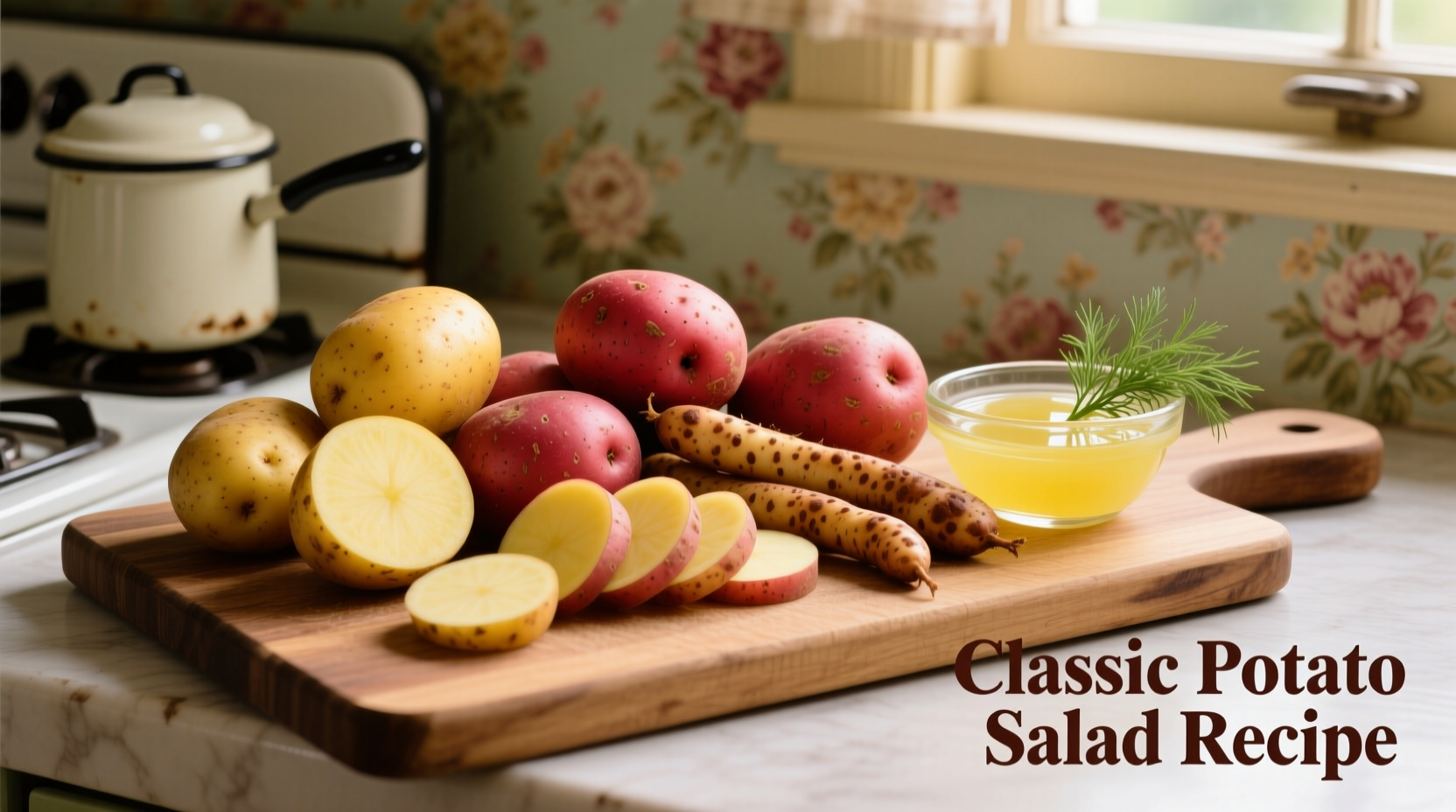 Yukon Gold, red, and fingerling potatoes arranged for potato salad