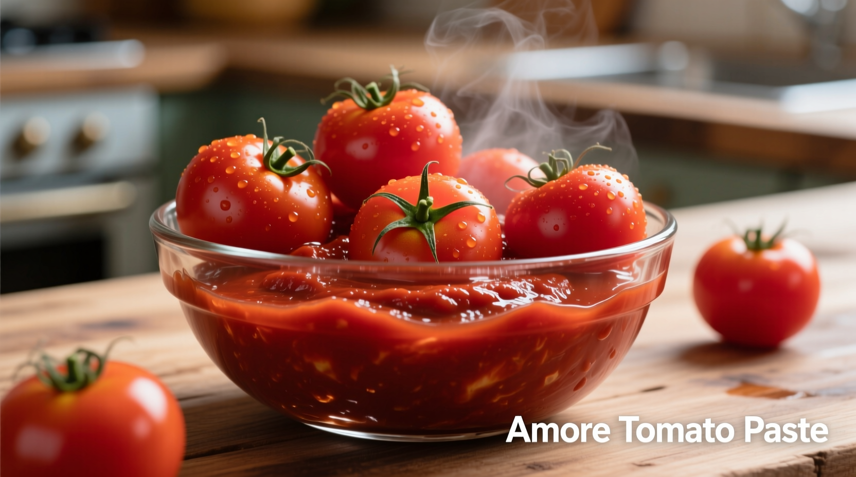 Amore tomato paste in glass bowl with fresh tomatoes