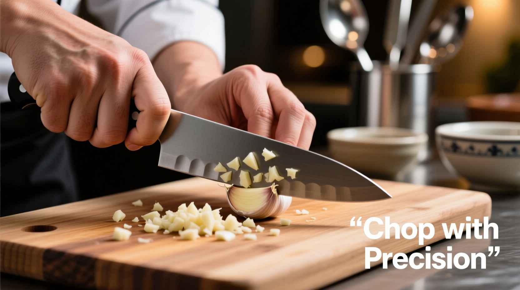 Chef's hand demonstrating proper garlic chopping technique