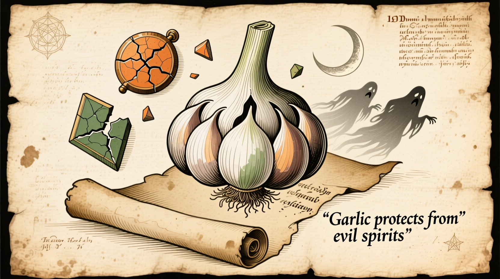 Historical illustration of garlic as protective charm