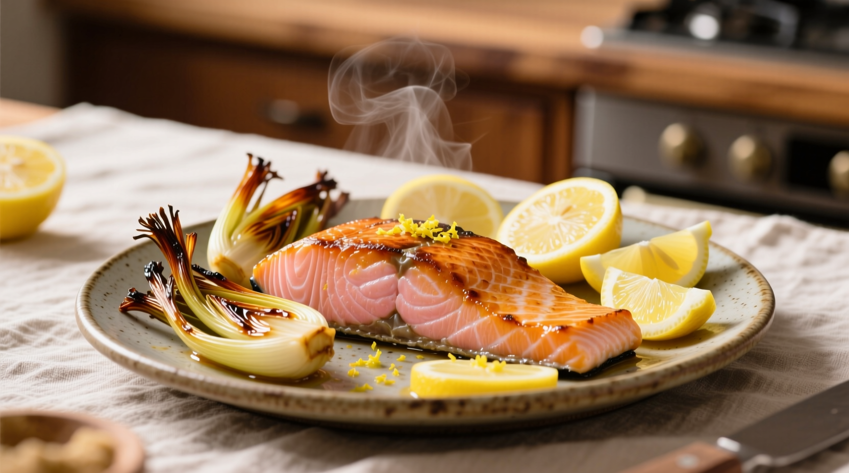 Pan-seared salmon fillet with roasted fennel and lemon slices