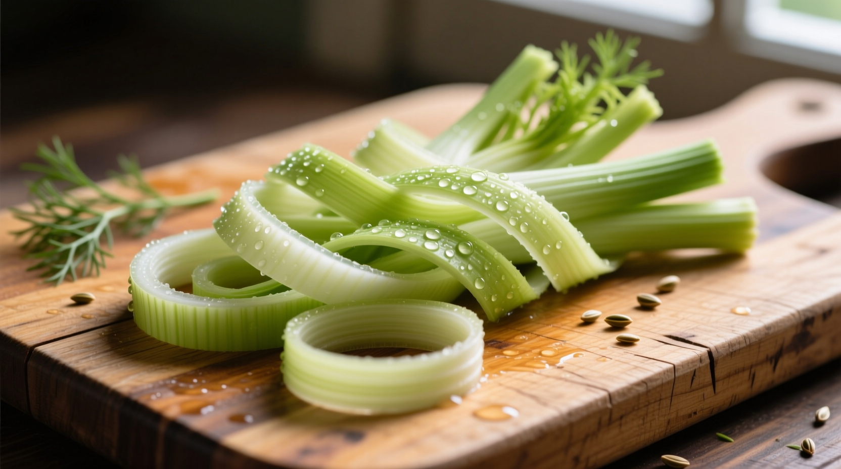 Freshly shaved fennel ribbons on wooden cutting board