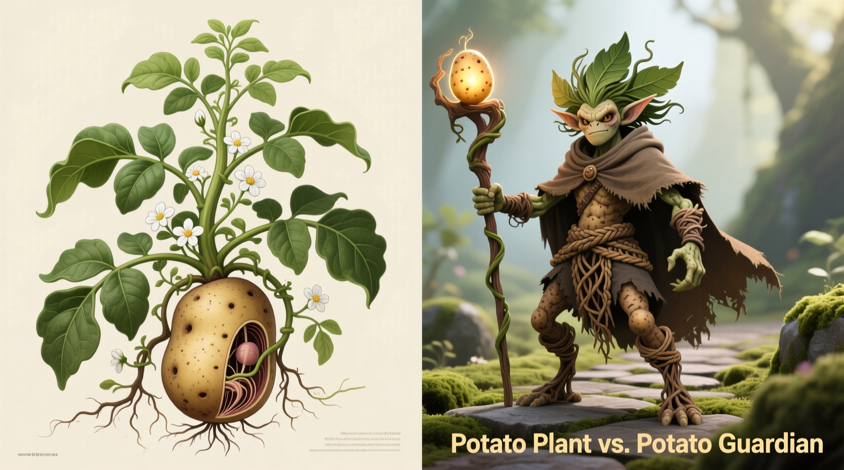 Side-by-side comparison of potato plant and game character