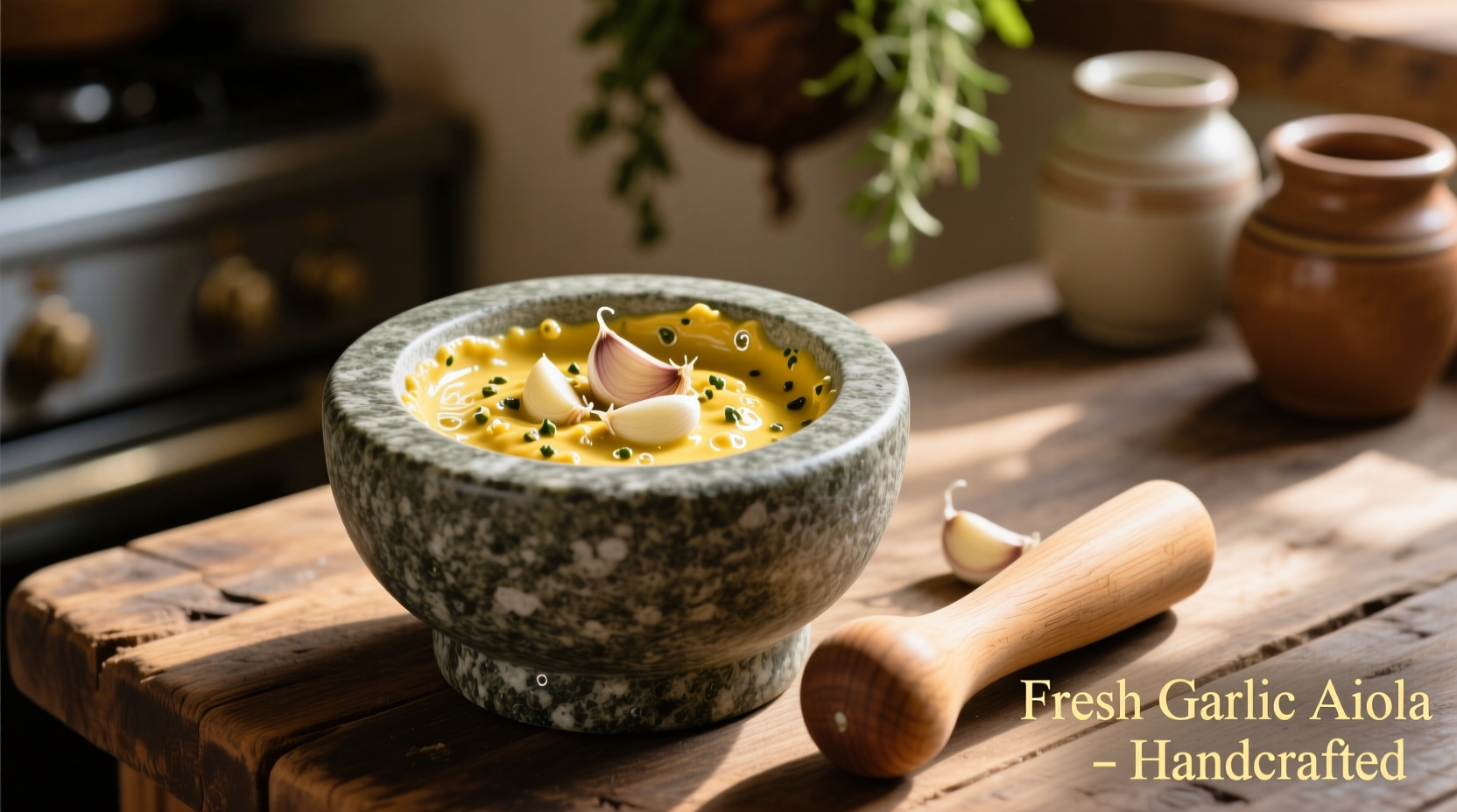 Freshly made garlic aioli in a mortar with garlic cloves