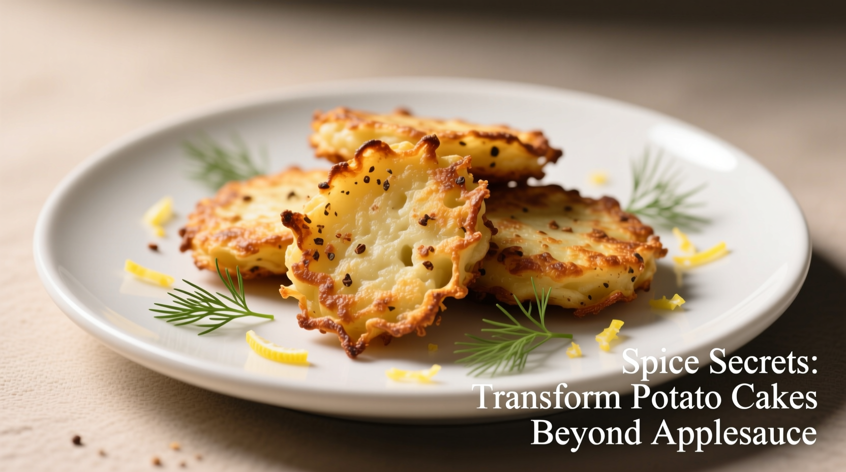 Crispy potato cakes garnished with fresh dill and lemon zest, showing texture contrast from spice-enhanced batter