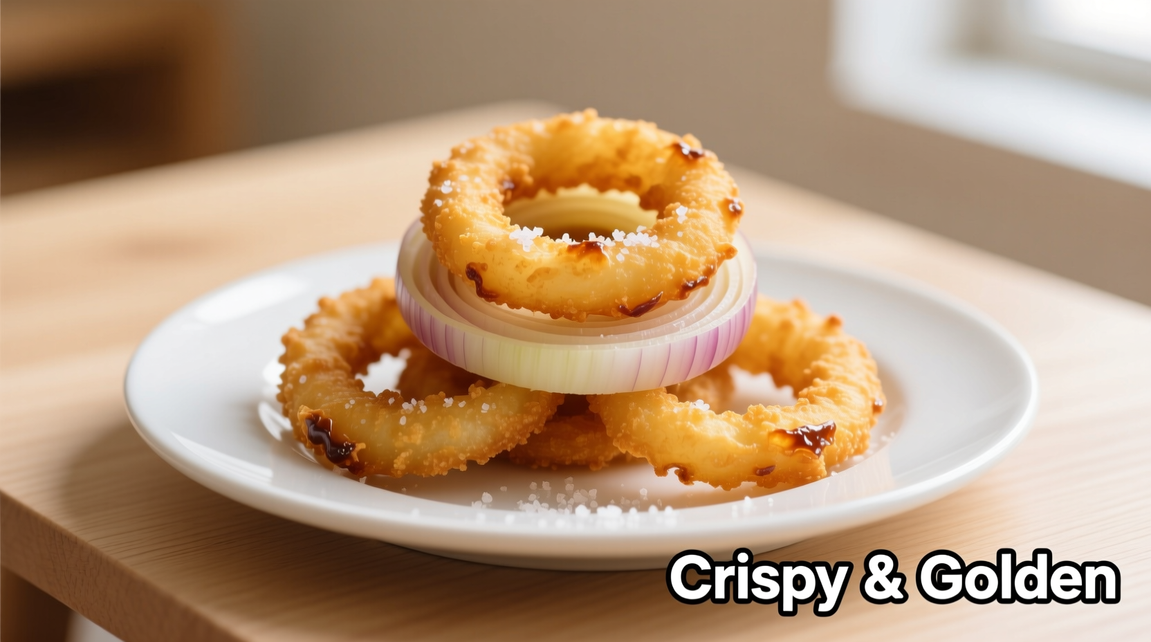 Golden air fryer onion rings on white plate