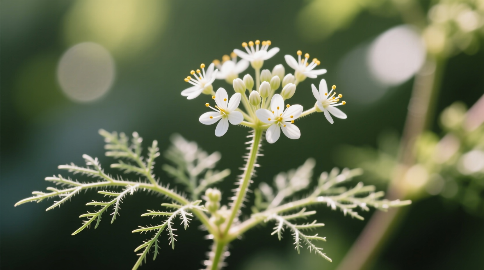 Close-up of dog fennel plant showing thread-like leaves and white flowers