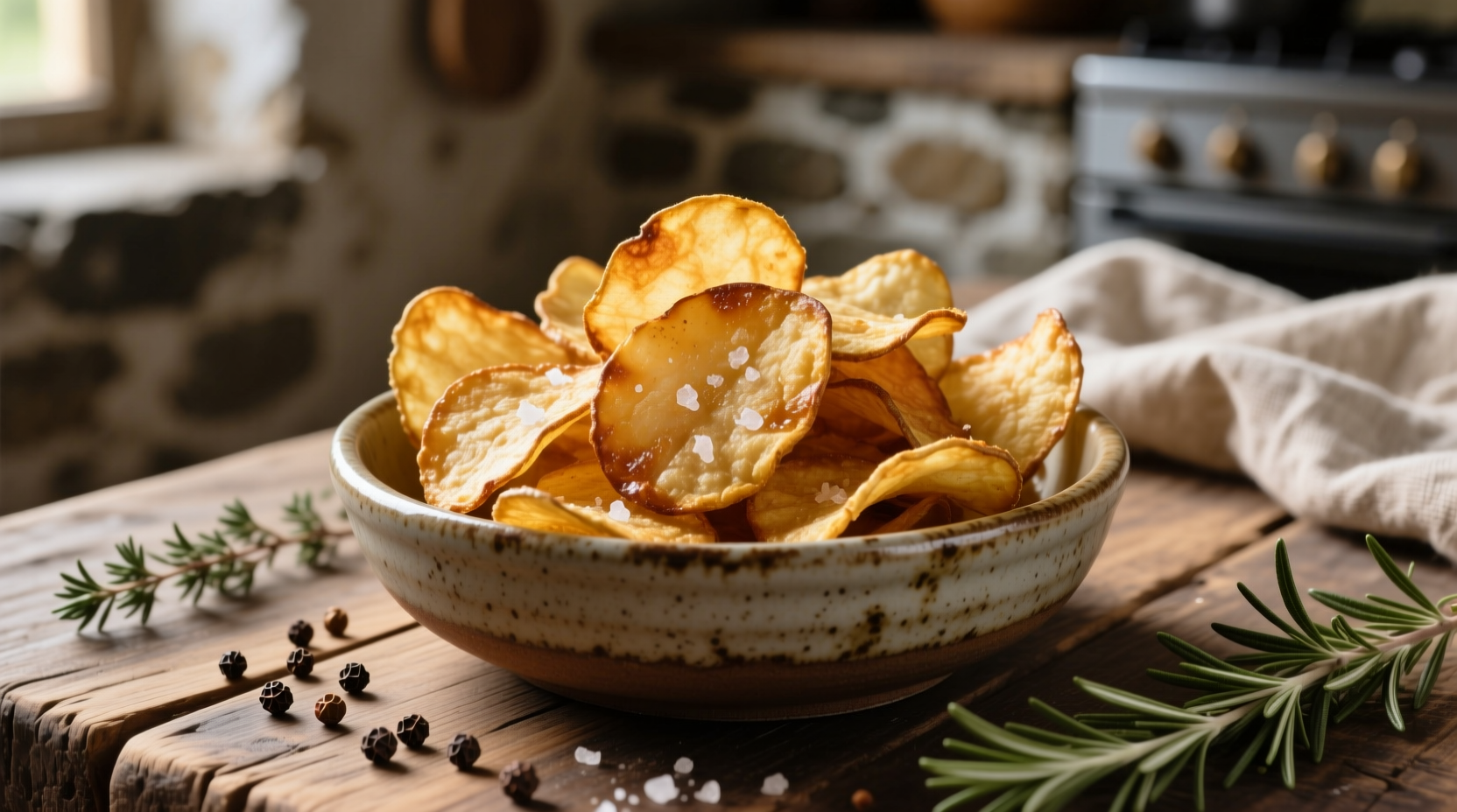 Golden brown tallow fried potato chips in a rustic bowl