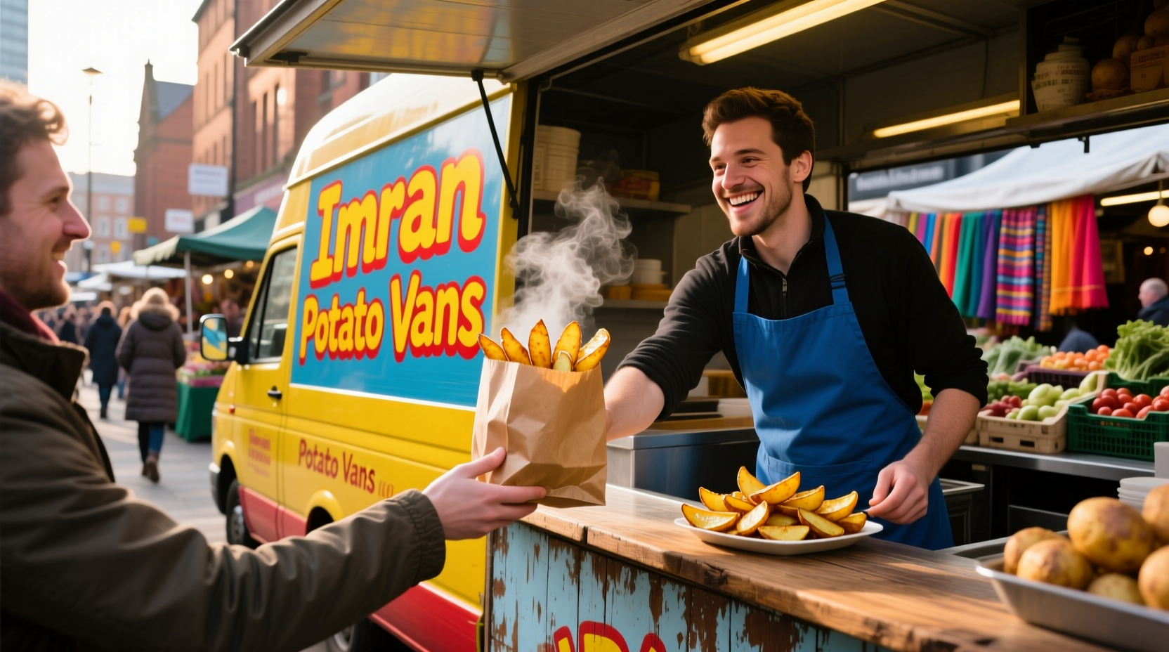 Imran Potato Vans serving customers at Manchester market