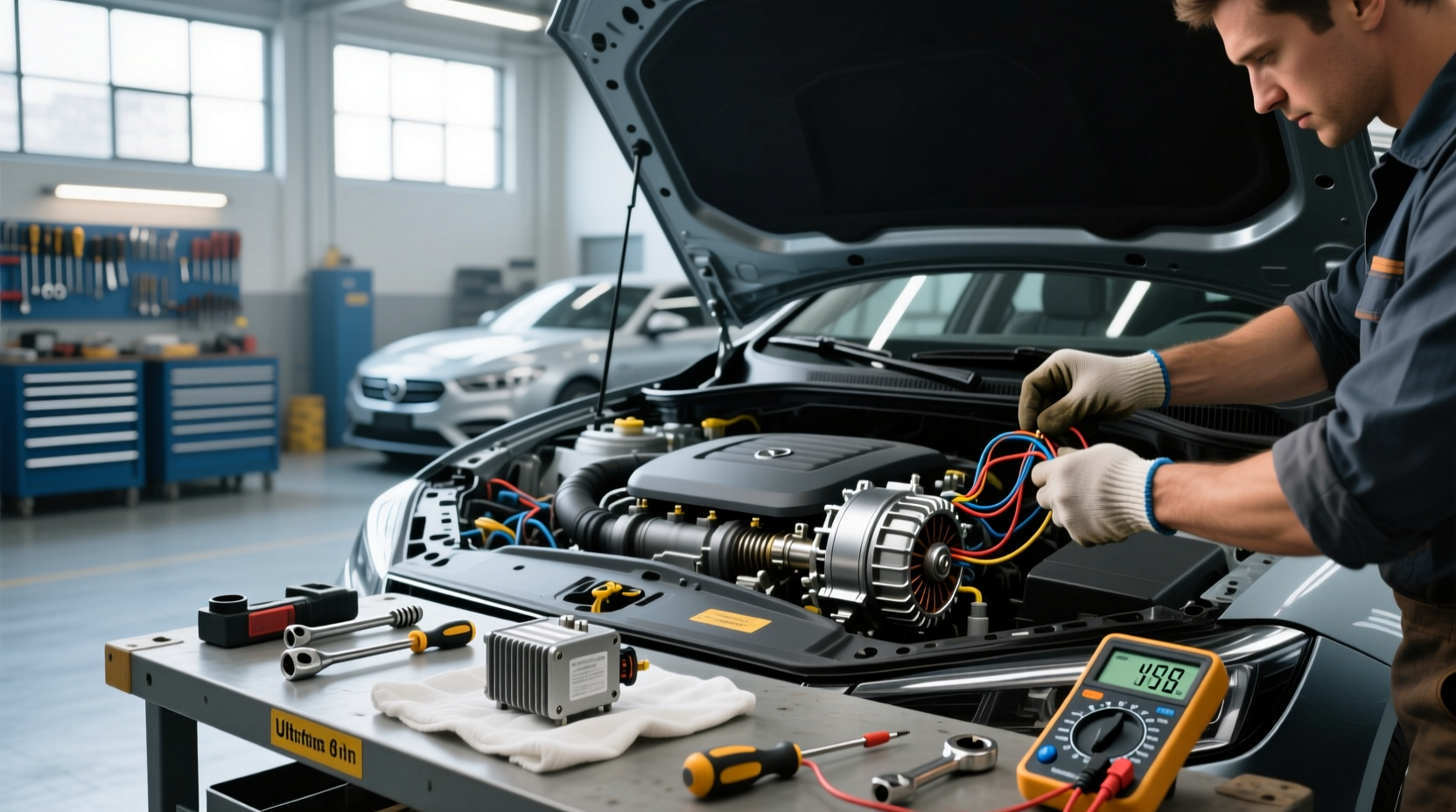 Technician replacing alternator voltage regulator with socket wrench
