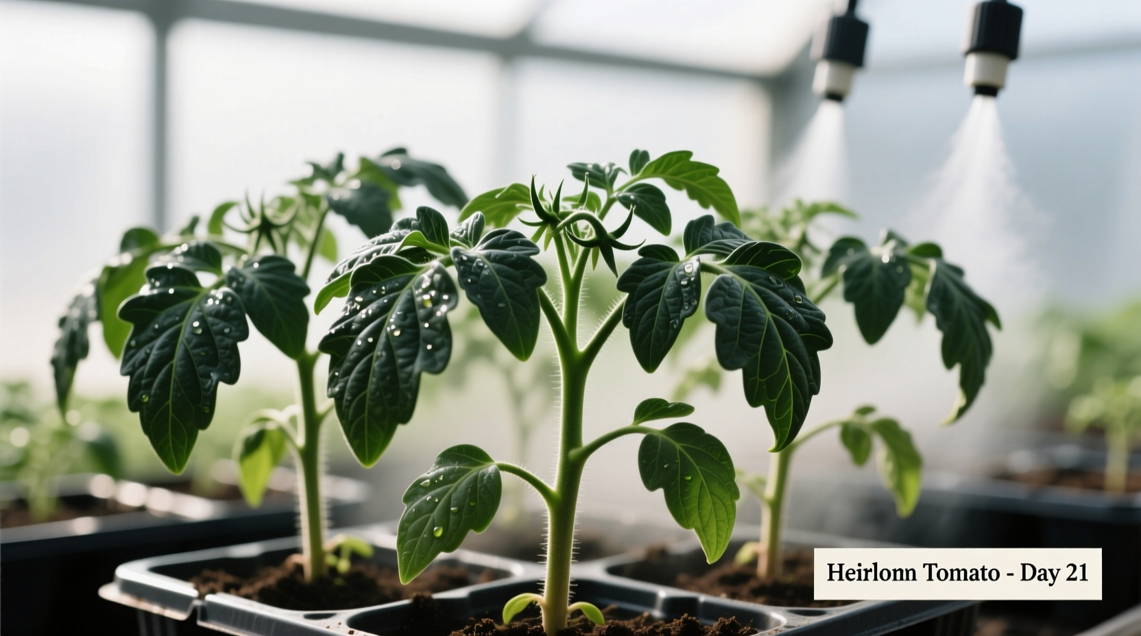 Healthy tomato transplants showing compact growth and dark green leaves
