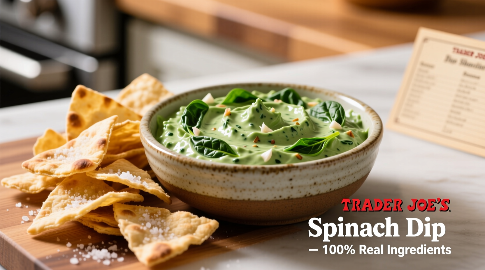 Trader Joe's spinach dip served with pita chips