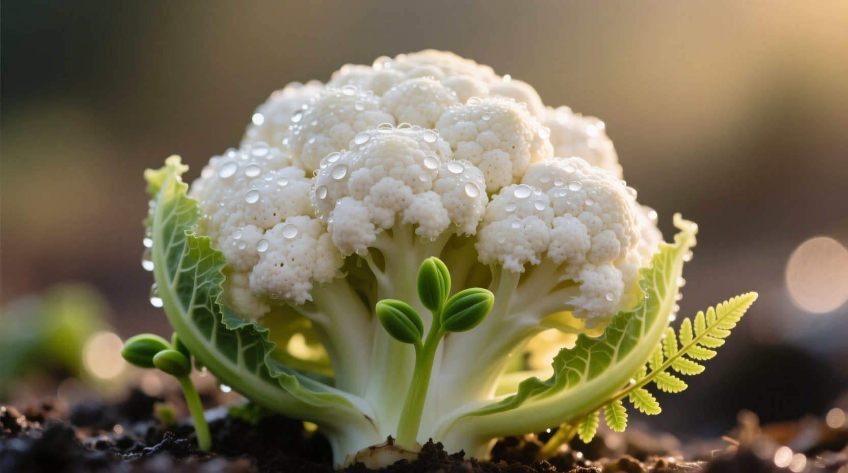 Close-up of fresh cauliflower with small green sprouts
