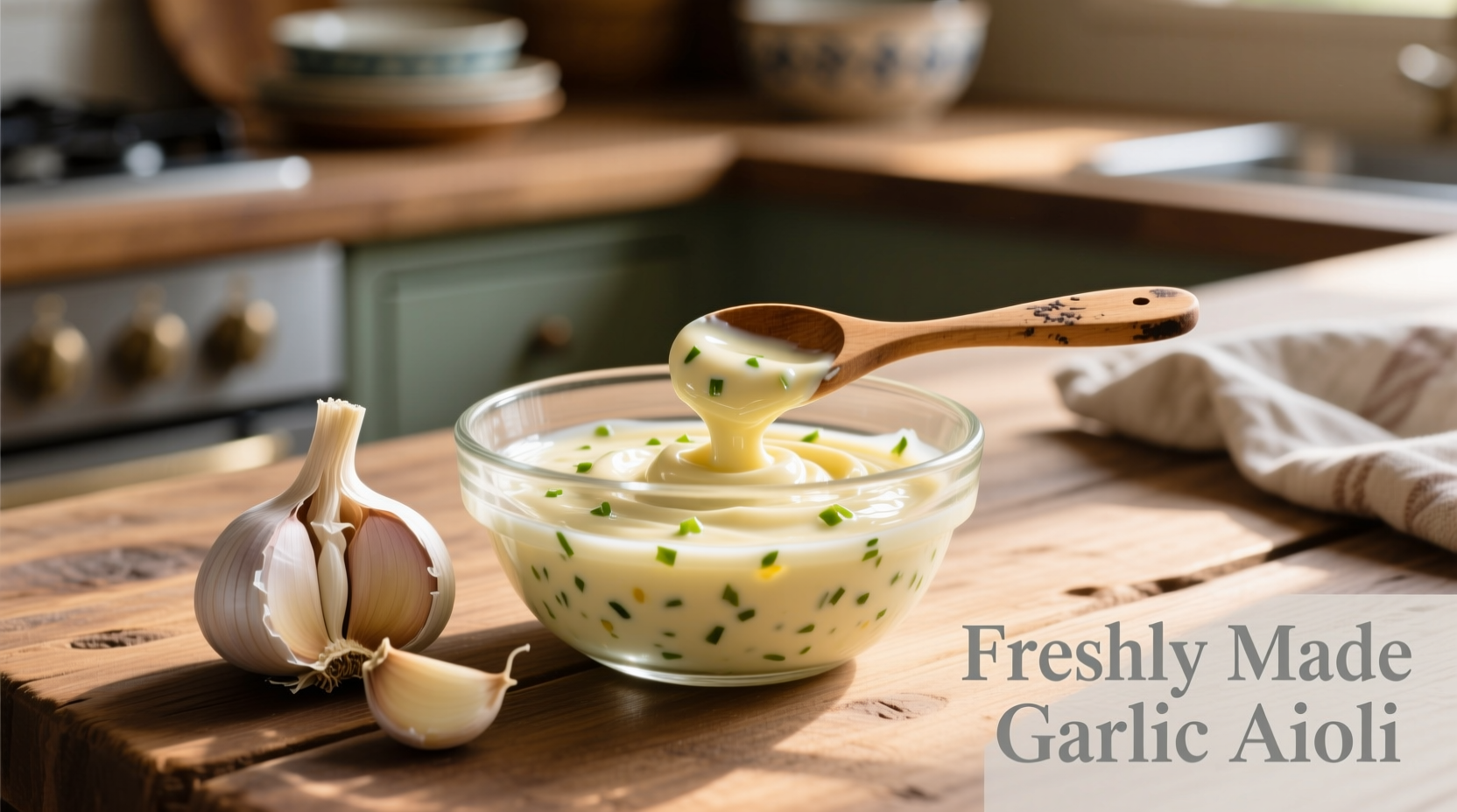 Homemade garlic aioli in glass bowl with fresh garlic