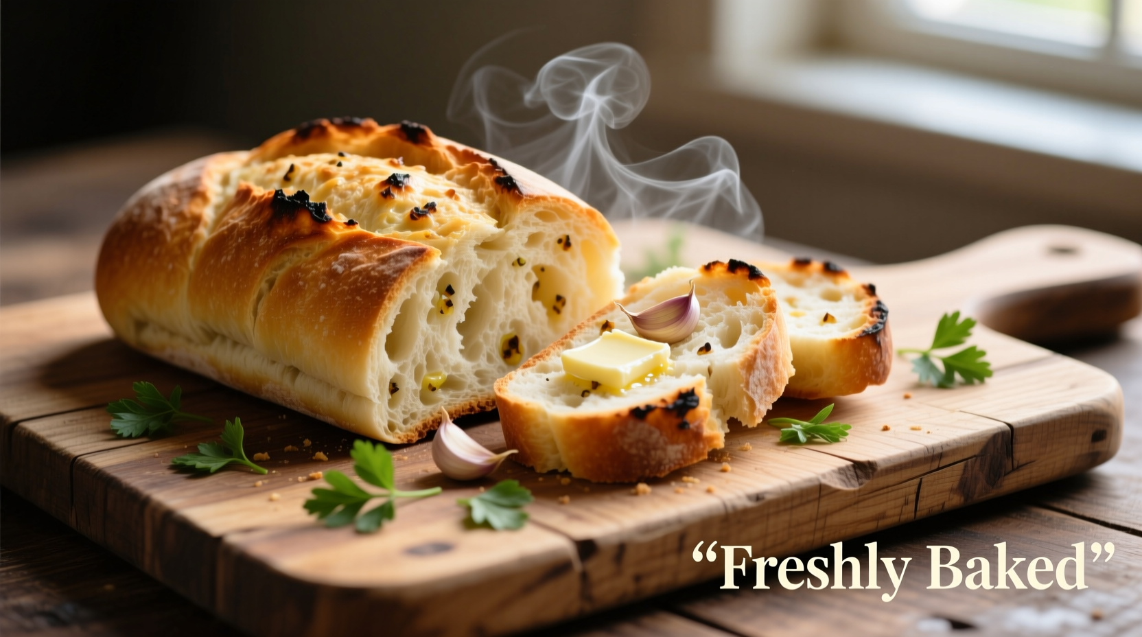 Freshly baked garlic bread on a wooden cutting board