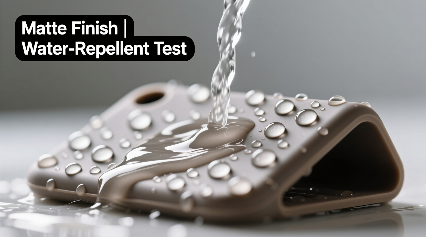 Close-up photo of a matte-finish silicone tablet stand being rinsed under a gentle stream of warm water, with clear droplets beading evenly—no streaks, no haze, no residue visible on the surface
